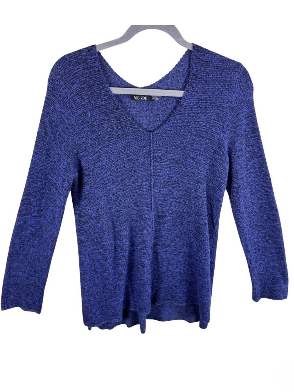 NIC+ZOE Womens Purple Black Marled V-Neck Knit Sweater Top Size S Long Sleeve
